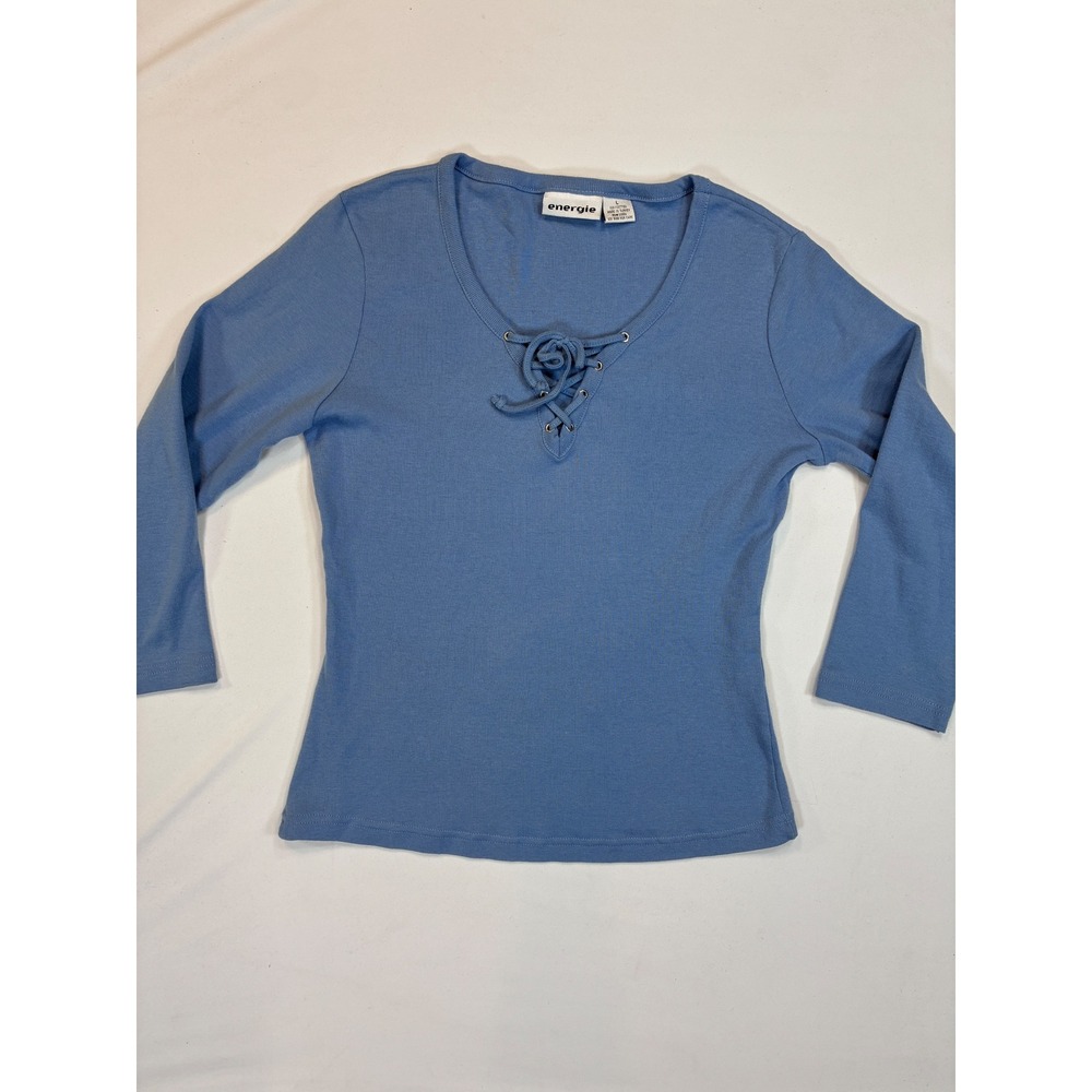 Vintage Y2K Energie Blue Ribbed Lace Up Preppy‎ Coastal Long Sleeve Top Size L